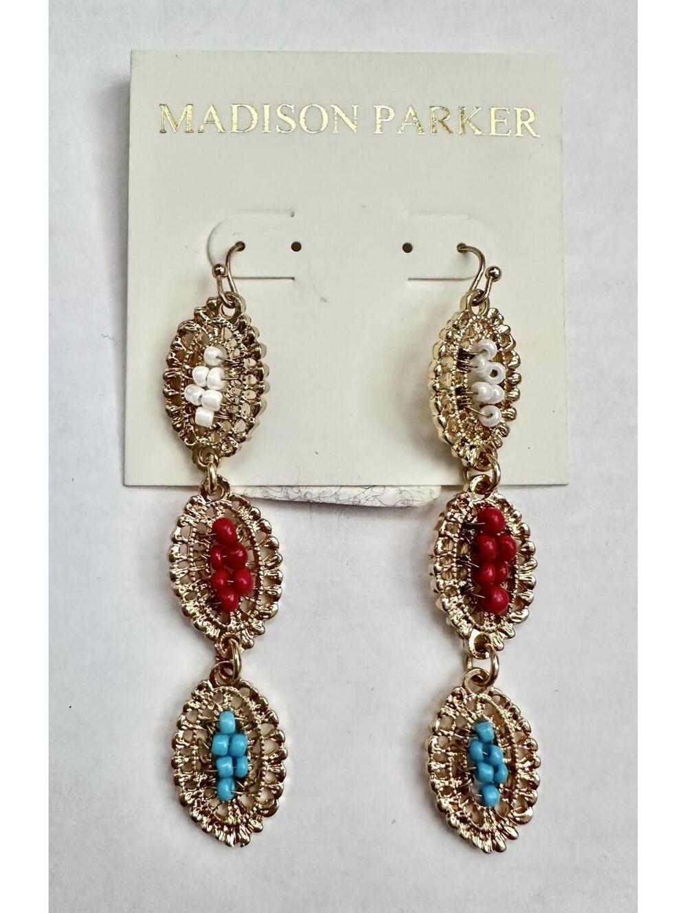 NWT Madison Parker by WEINGEROFF Gold-Tone Red Blue White Drop Earrings 3" L